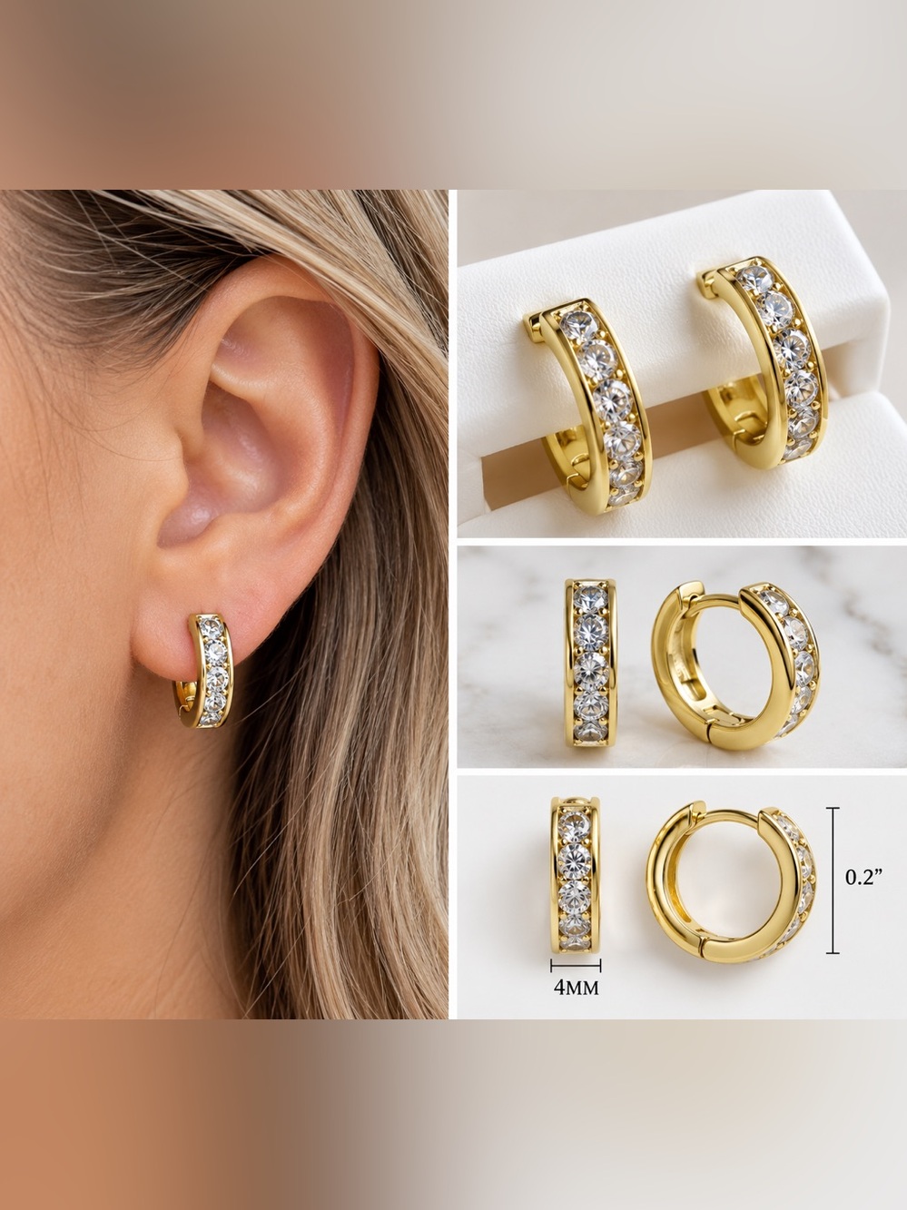 18K Gold Layered Moissanite Huggie Hoop Earrings 4mm